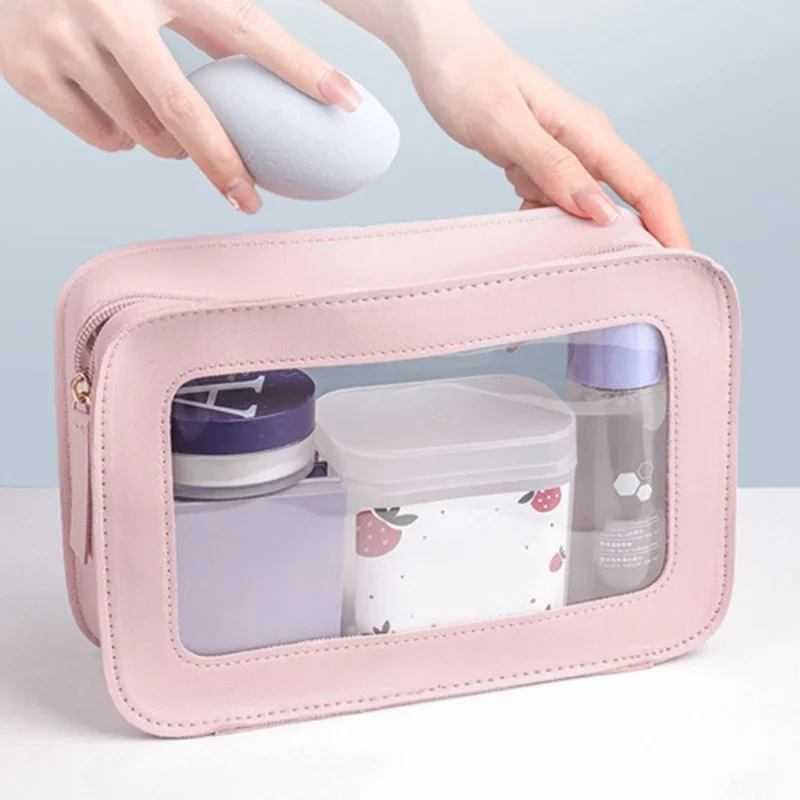 

Women PU Makeup Bag Traveling Cosmetic Bag Clear Toiletry Bag Skincare Products Organizer Portable Size Toiletries Storage