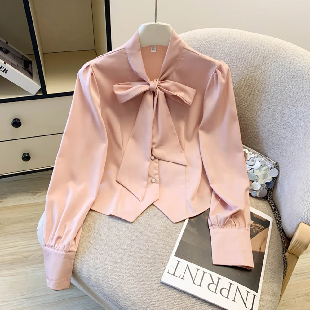 

French Bow Tie Long Sleeve Blouse Women Spring 2026 New Professional Commuting Age-Reducing Elegant White Shirt For Office Lady