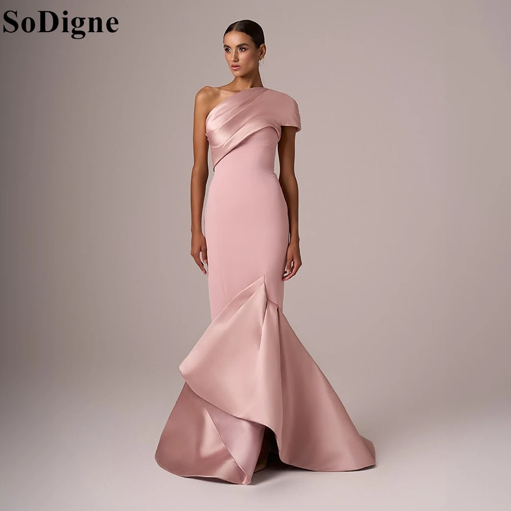 

SoDigne Elegant Pink Satin Evening Dresses Mermaid One Shoulder Backless Draped Party Dress 2025 Charming Prom Gowns Customized