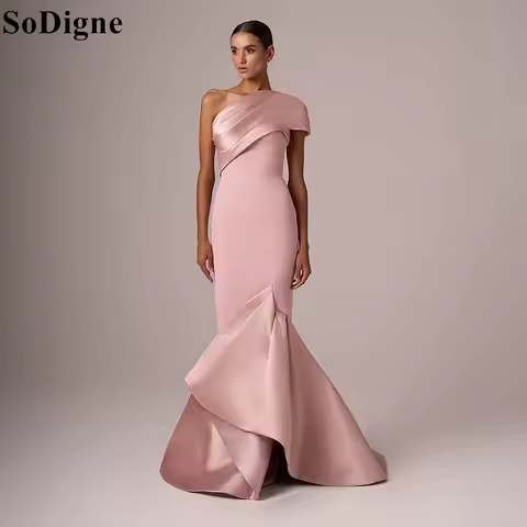 SoDigne Elegant Pink Satin Evening Dresses Mermaid One Shoulder Backless Draped Party Dress Charming Prom Gowns Customized
