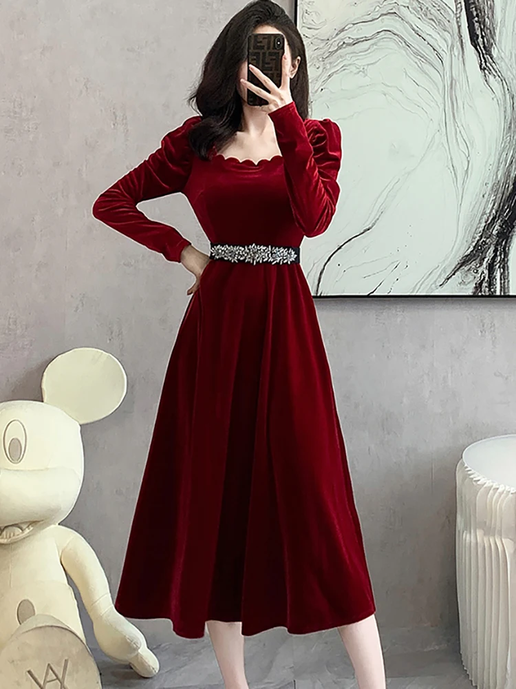 Female Velvet Chic Diamonds Bandage Long Dress Autumn Winter Elegant Luxury Evening Dress 2024 Korean Vintage Bodycon Prom Dress