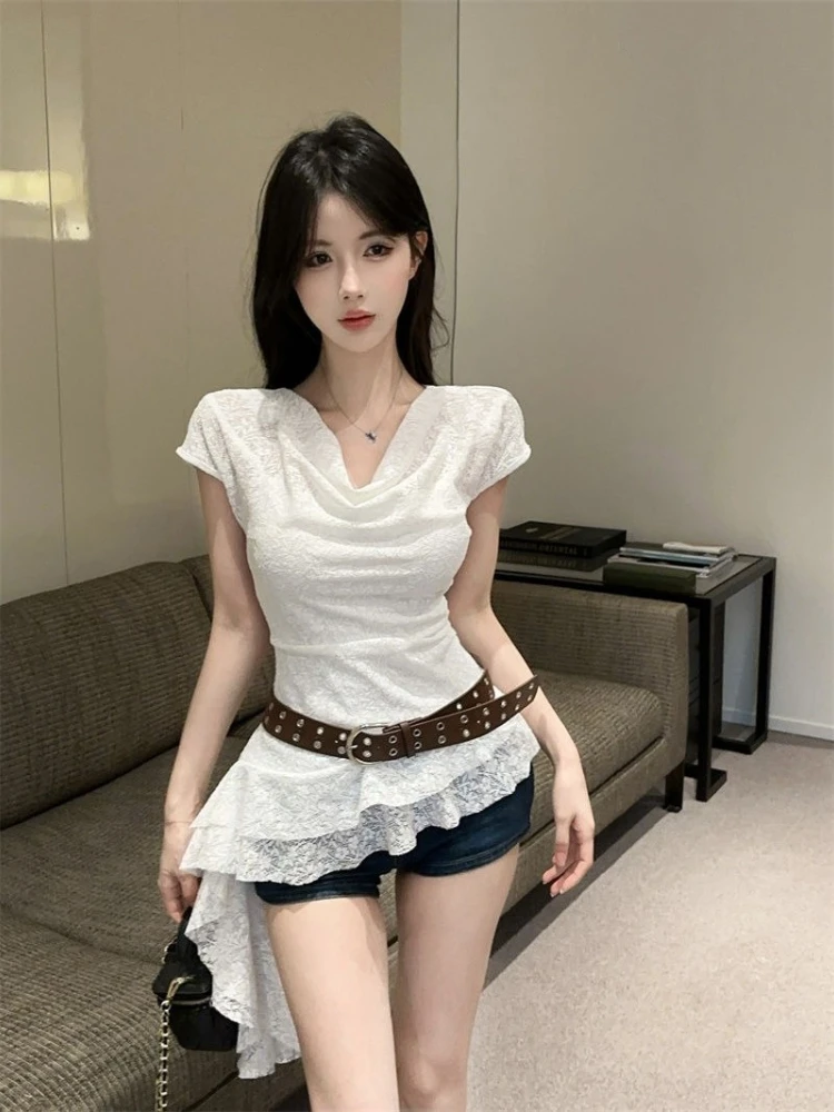 Y2k Vintage Lace V Neck Pure Color Short Sleeve Tops 2000s Elegant Sexy Bodycon Evening Party Clothing Korean Fashion Tees