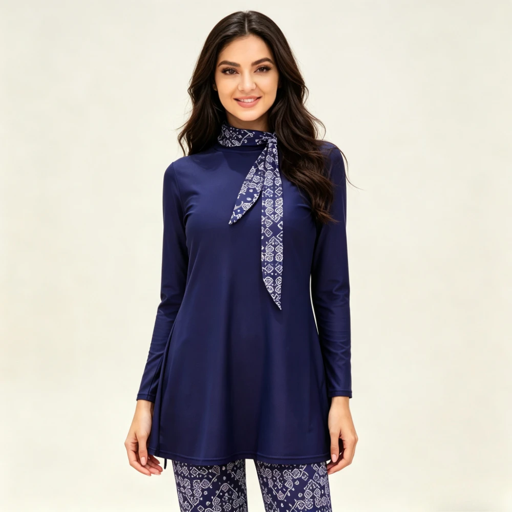 New 3 Pcs Print Burkini Swimsuit Women Tie Neck Long Sleeve Flared Tunic Full Length Leggings Hijab Modest Islamic Bathing Suit