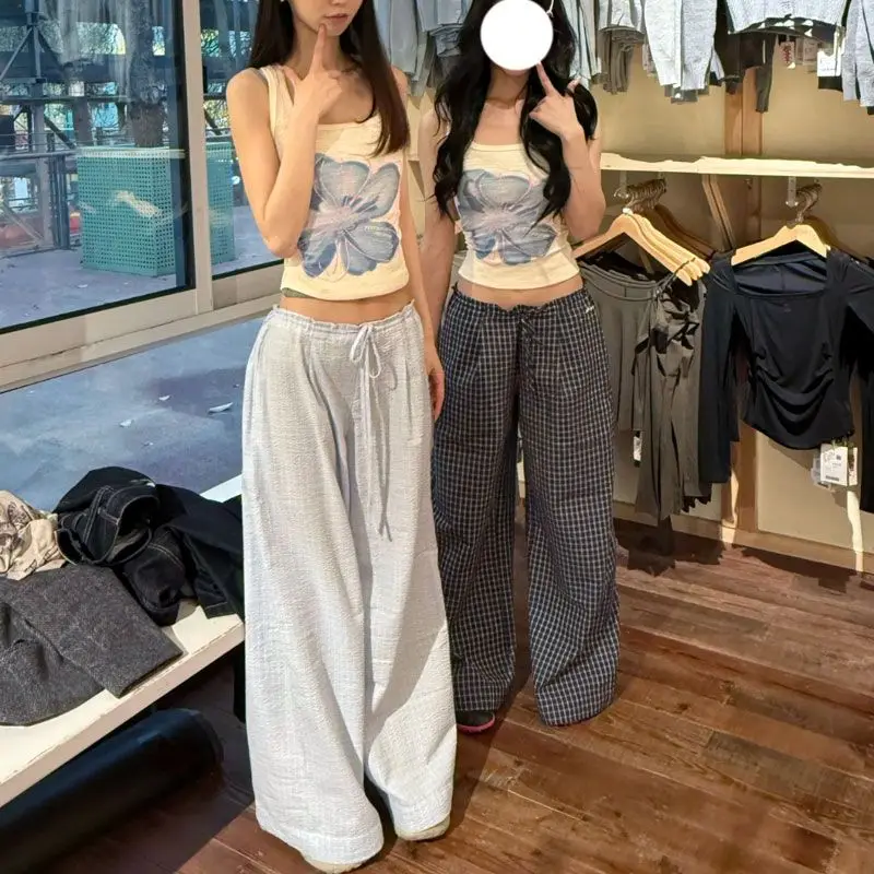 Deeptown Vintage Blue Plaid Wide Leg Women's Pants Summer Korean Fashion Straight Trousers Baggy Harajuku Commute Casual Thin