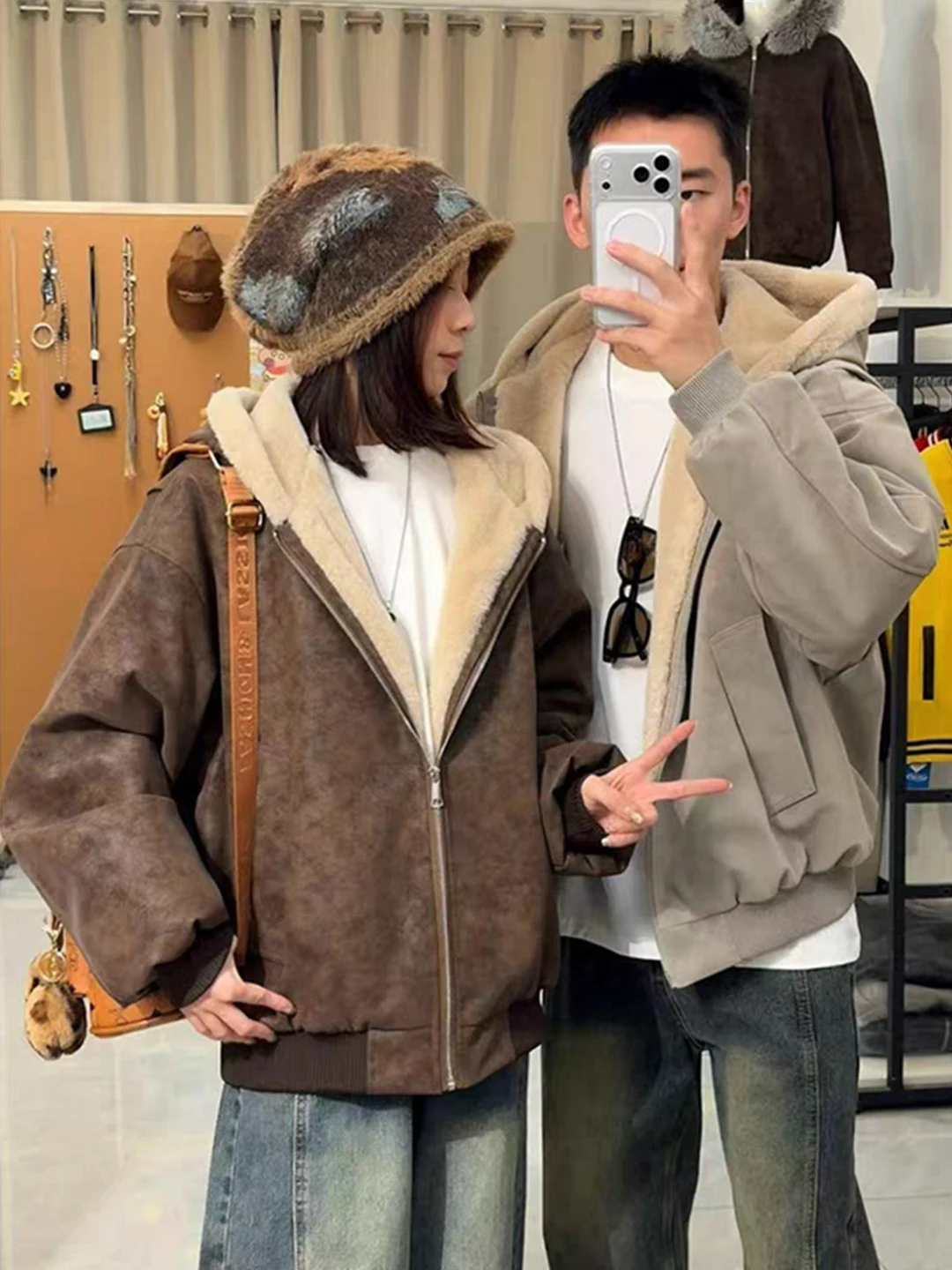 

Thiened Fce Lined Men's Retro American Sle Fur Leather Jaet Winter Warm Casual Zipper Coat Cotton Clothes for Teens