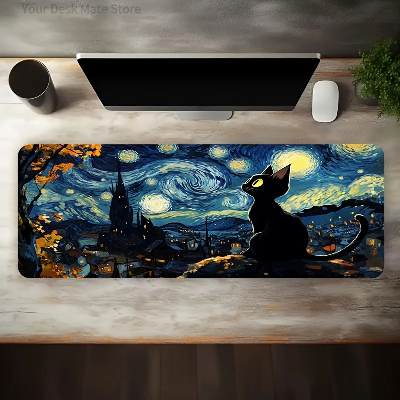 Cosmic Planets Starry Cat Mouse Pad-Extended Desk Mat with Nebula,Night Sky,Floral Moon & Magic Bookshelf Art for Laptop Office