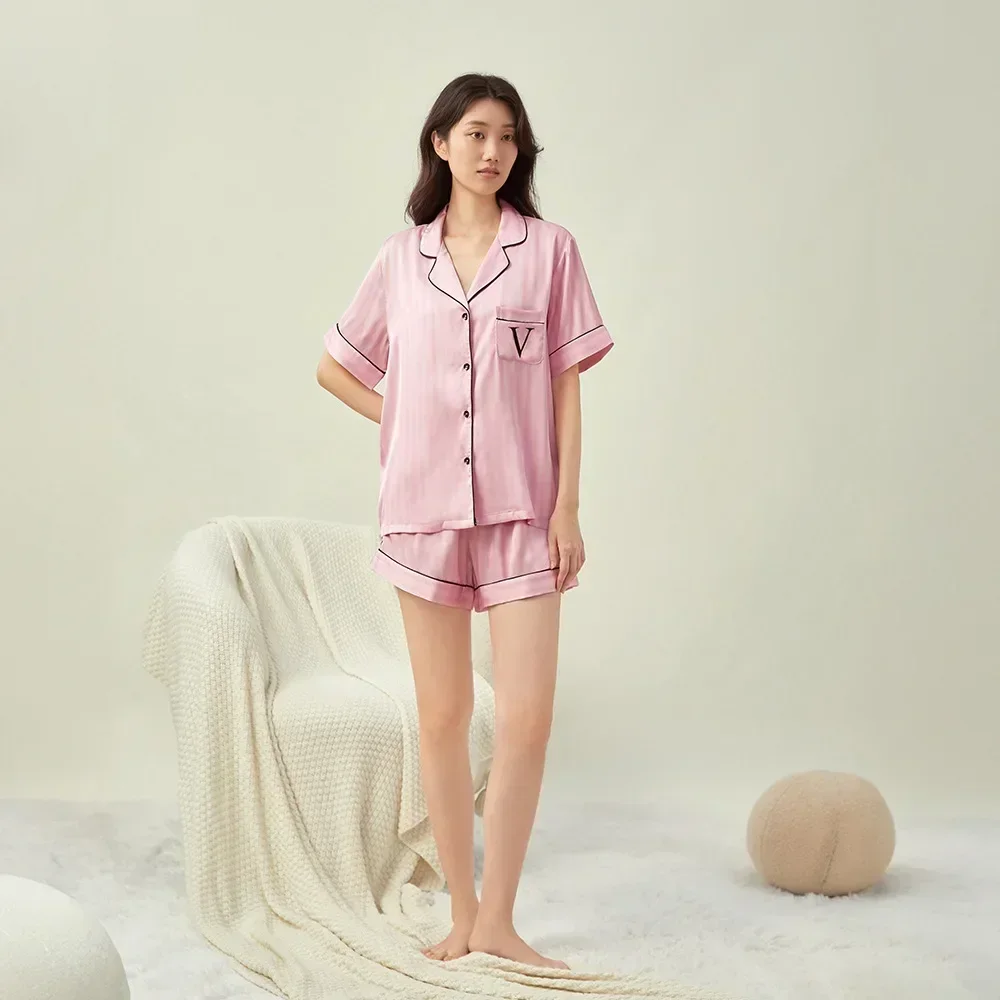 Secret of the same summer new product, colorful ice silk striped pajamas for women, short-sleeved shorts, loungewear