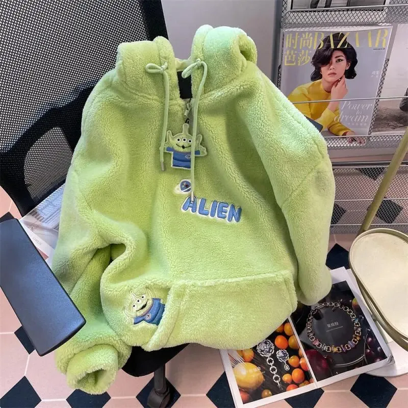 Miniso Plus Size Disney Aliens Plush Hoodies Cartoon Embriodered Fleece Hooded Tops Short Zipper Oversized Hoodie Women Clothing