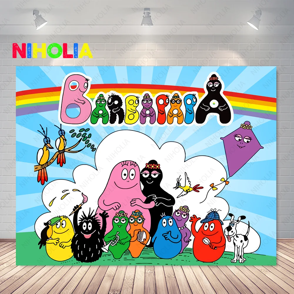 Niholia Barbapapa Photography Backdrop Kids 1st Birthday Rainbow Baby Photo Background Cartoon TV Vinyl Photo Booth Props