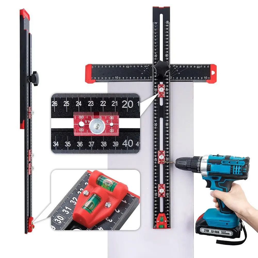 T-Square Ruler Drill Locator DIY Tools Adjustable Angle Cabinet Hardware Jig 2in1 High‑precision Woodworking Tools