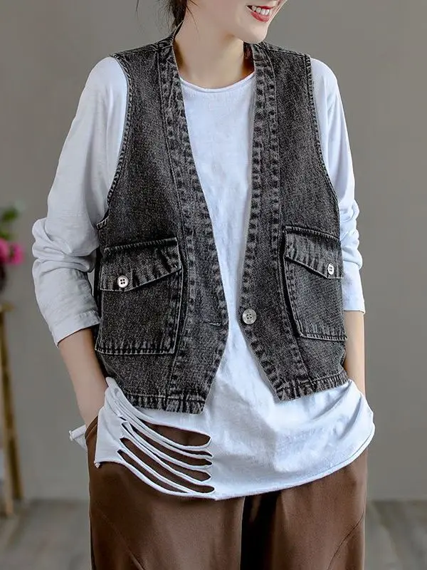 Korean Style Fashion Design One Button V Neck Denim Vest Women's Spring Autumn Short Sleeveless Shoulder Trendy City Walk