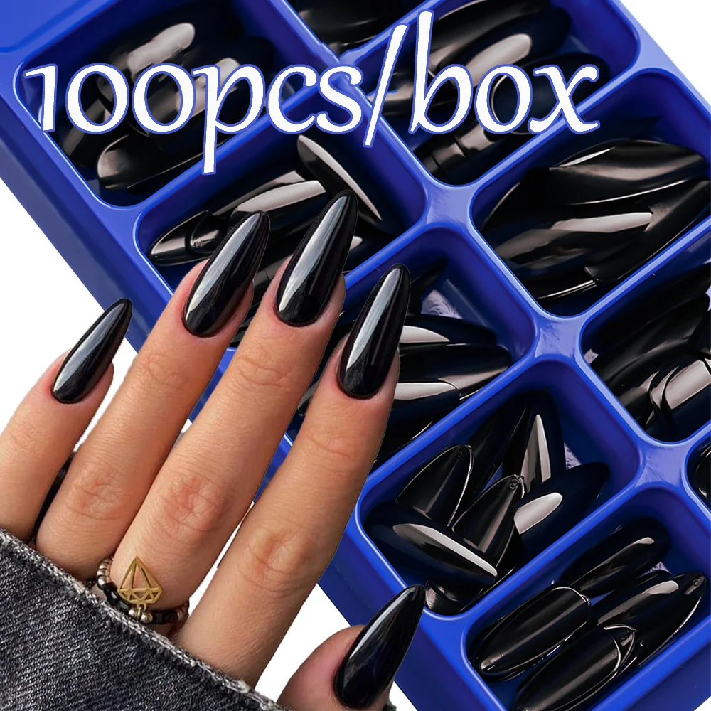 100pcs Black Almond False Nails Mid-length Handmade Press on Nails Solid Color Fashion black Nail Art Wearable Fake Nails Tips#%