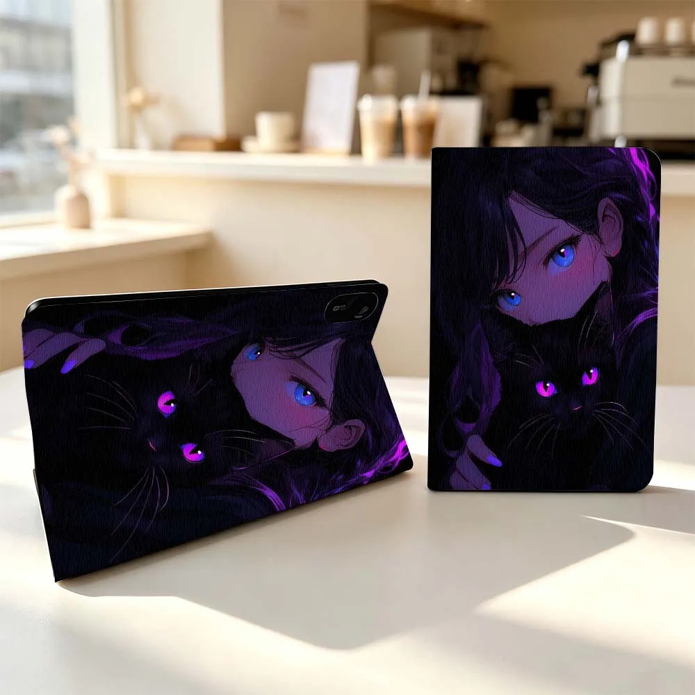 Cartoon Black Cat Girl Blue Eyes For Xiaomi Poco Redmi Pad 8 2 4 5 6 6S 7 7S SE Pro Max 14 11 8.7 11.2 12.5 Inch Tablet Case