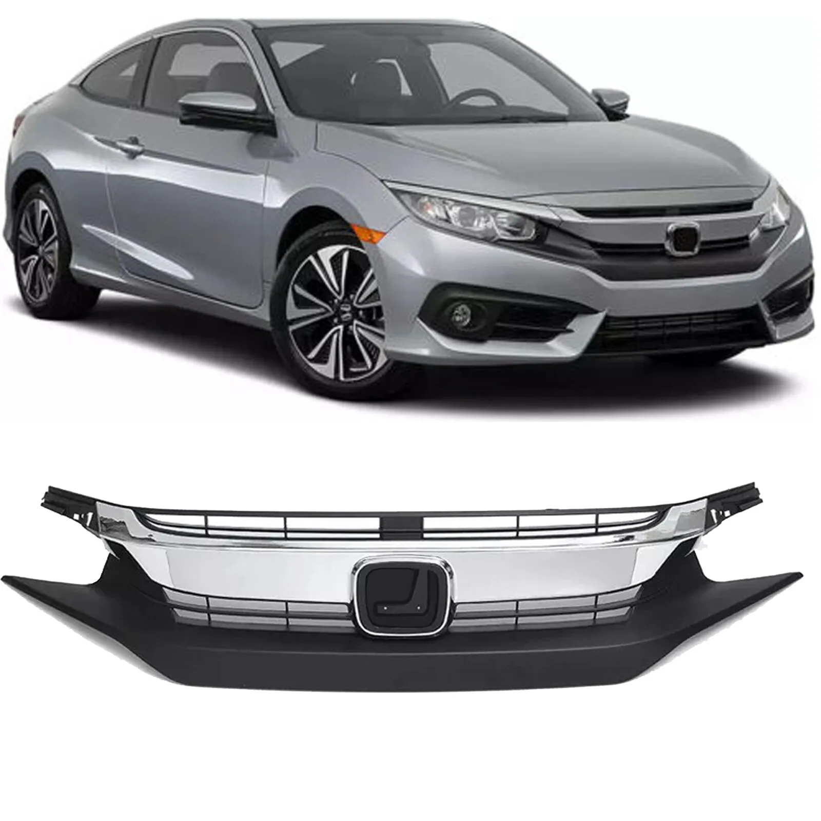 

Fit 2016 2017 2018 Honda Civic Front Bumper Upper Grille Chrome Trim Replacement