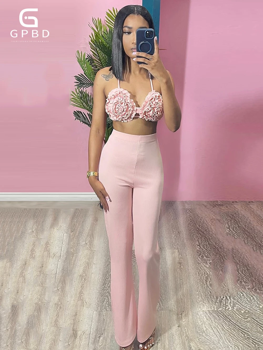 

Pink Two Pieces Set Elastic Large Flower Crop Top+High Waist Flare Pants Set Evening Vacation Party Sexy Fashion Outfit