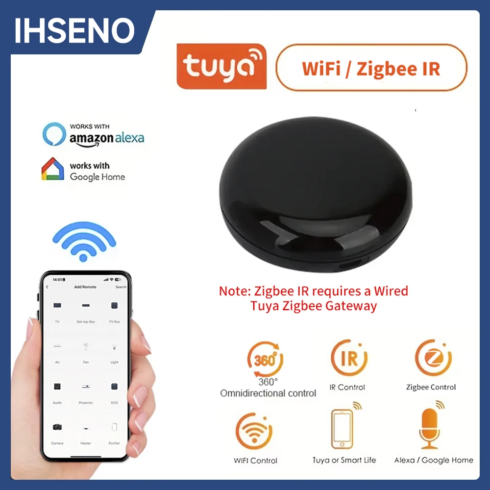 Tuya WiFi/Zigbee Telecomando IR Smart Life APP Sostituisci TV DVD AUD AC Lavora remota con Alexa Google Home necessita di Zigbee Wire Hub