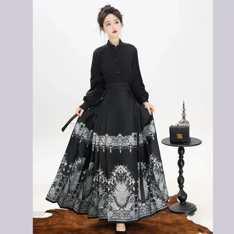 Improved Hanfu Horse Face Skirt Women Chinese Traditional Weaving Gold Hanfu Pleats Skirt Black Red 2pcs Sets Women Plus Size L