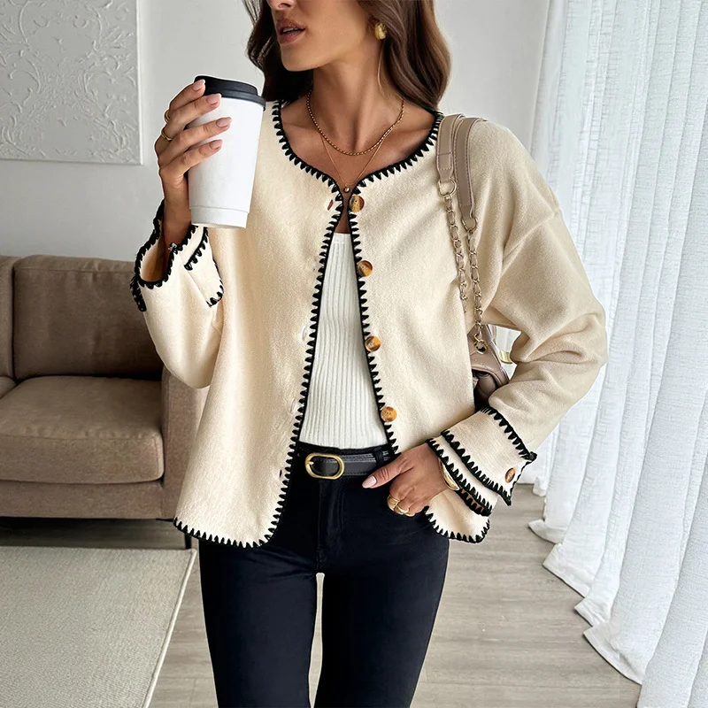 2025 novo outono e inverno casual contraste cardigan para mulheres solto velo em torno do pescoço jaqueta