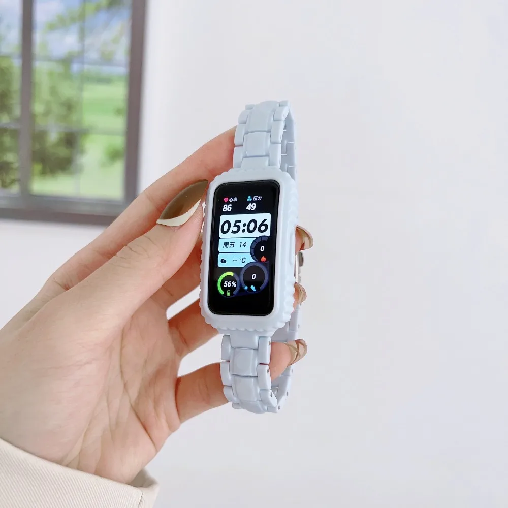 PC+Metal Watchband Imitation Ceramic Resin Anti Fall Watch Strap TPU Case Replaceable Watch Bracelet for Huawei Band 9/8/7/6
