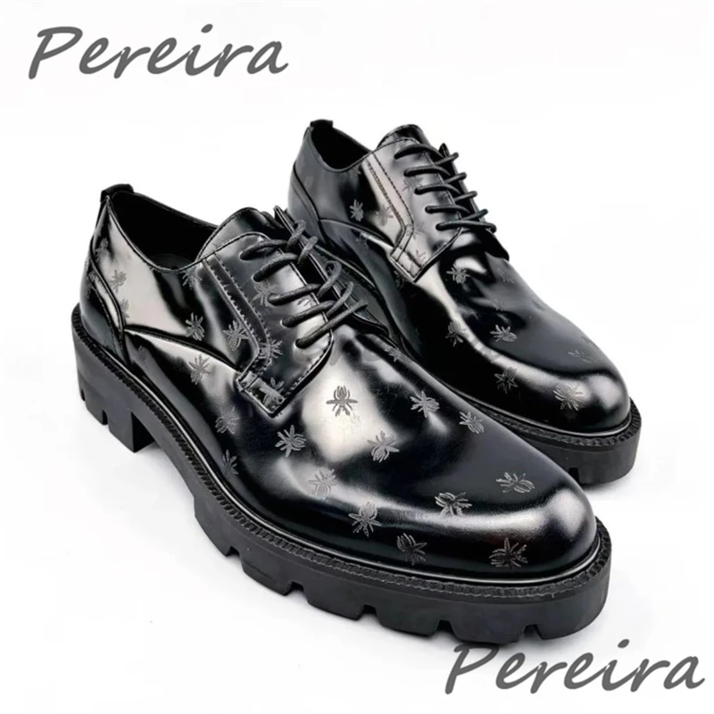 Men's Thick Soled Pointed Toe Cowhide Shoes Spider Print Height Increasing Lace-Up Derby Shoes Banquet Wedding Formal Shoes