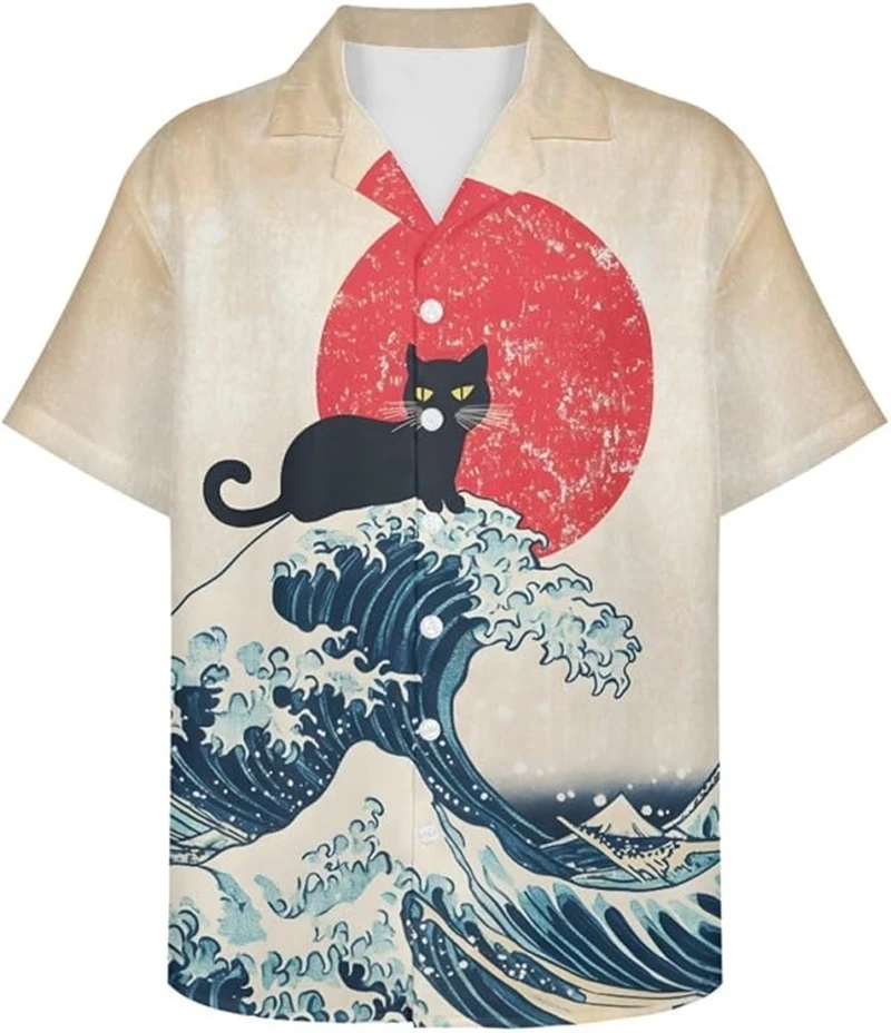 

Retro Short Sleeve 3d Print Ukiyoe Kitten Shirt Summer Casual Fun Hawaiian Funny Animal Print Lapel Short Sleeve Shirt Y2k Tops