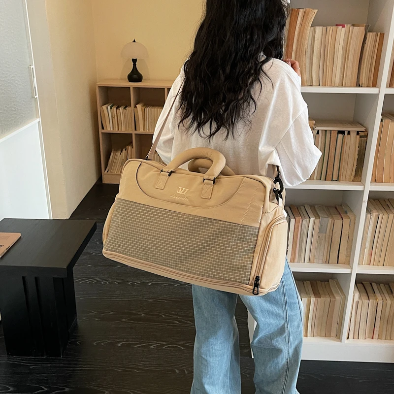 Plaid Patchwork Canvas Duffle Shoulder Bag Japanese Style Large Capacity Travel Bags Versatile Youth Handbag for Weekend Getaway