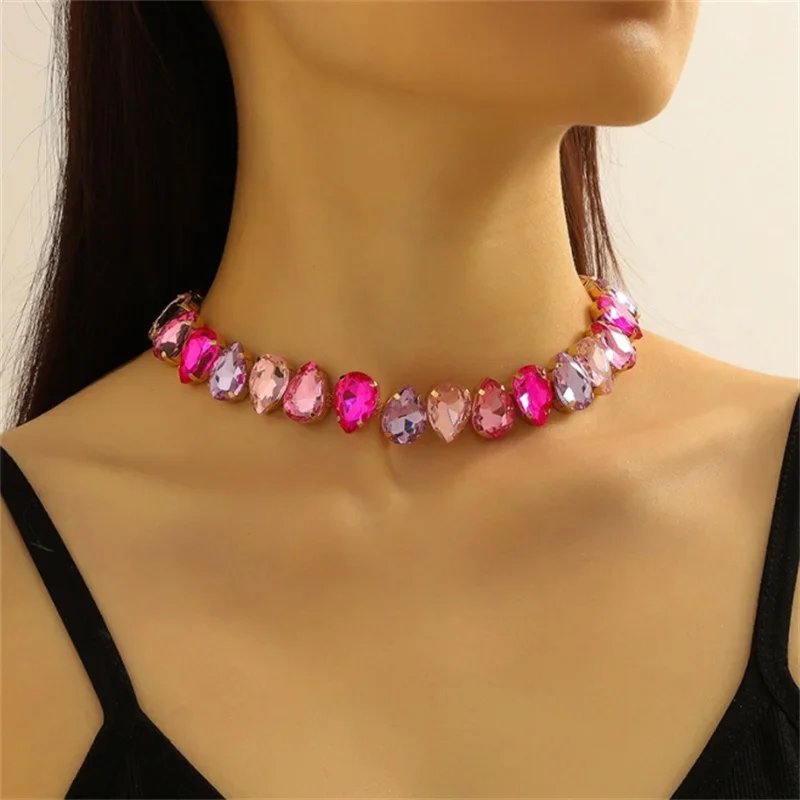 Fashion Water Drop Colorful Crystal Choker Necklaces for Women Geometric Clavicle Chain Necklaces Statements Jewelry