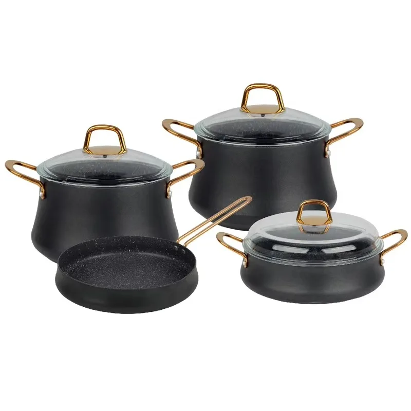 Kitchen 7 Pieces Granite Marble Die-cast Aluminum Non-stick Cookware Set with Golden Handles and Glass Lid