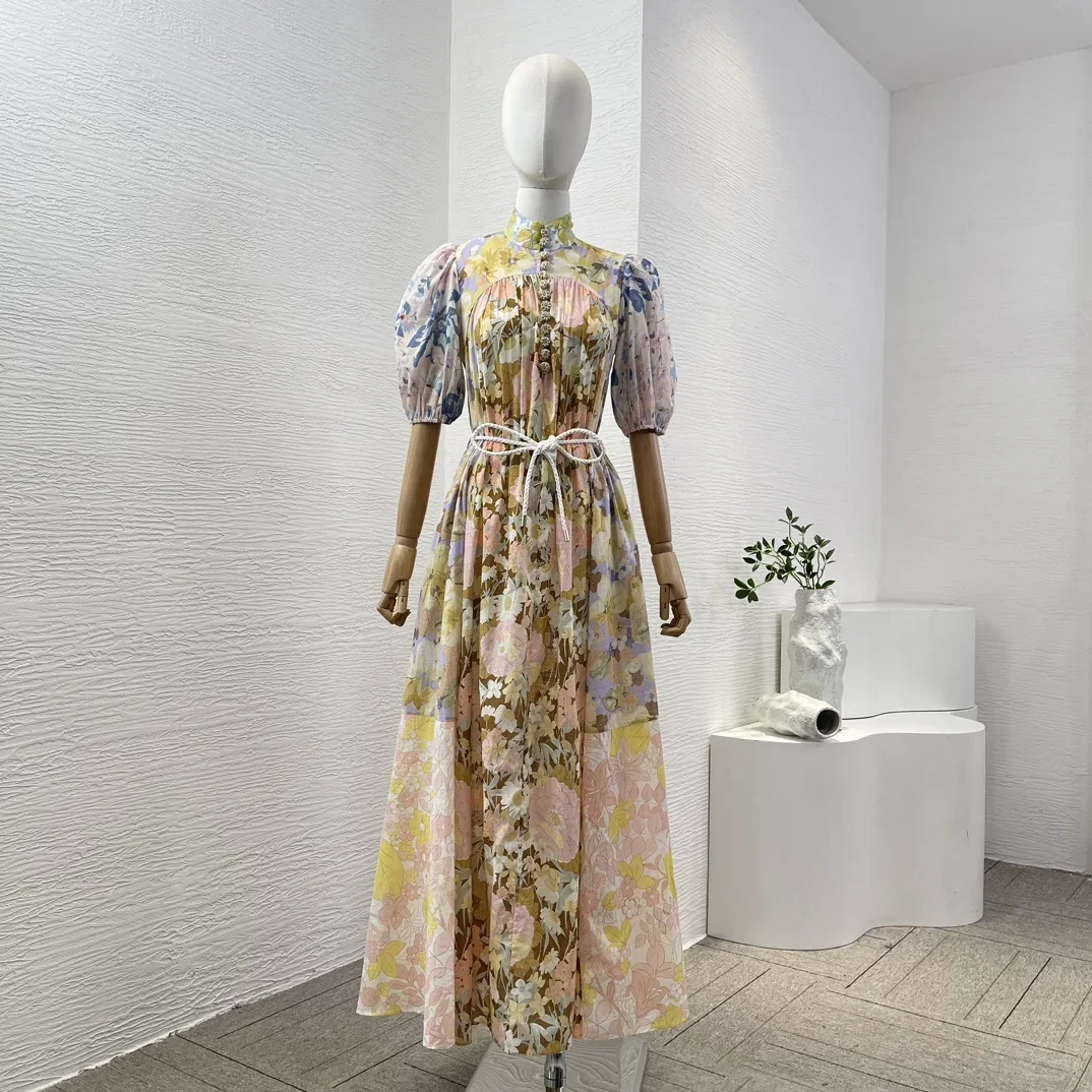 

2024 new autumn photo color patchwork floral print half sleeve midi dress for women