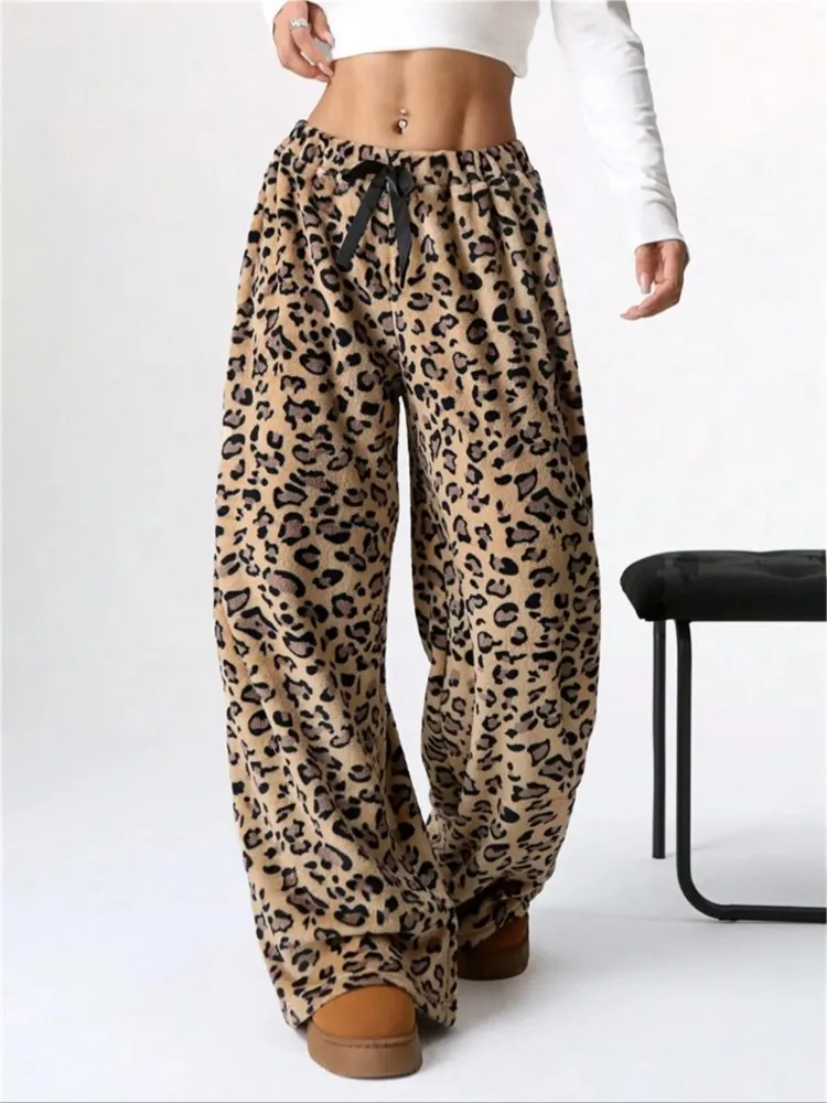 Dames casual losse wijde pijpen lange broek elastische tailleband trekkoord stropdas pyjamabroek luipaardprint wijde pijpen loungebroek