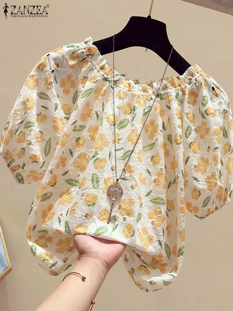 

ZANZEA Summer Casual Shirt Women Short Sleeve Embroidery Floral Blouse Bohemain Holiday Tops Tunic Femme Elegant Work Blusas