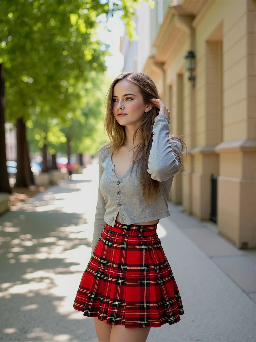 

Plaid Pleated Mini Red Skirts Womens Wrapped Irregular Layered Mesh Club Artistic Modern Chic Feminina Elegant Unique Sweet