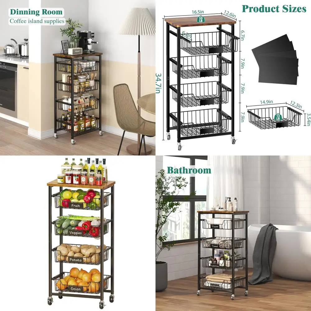

5-Shelf Metal Rolling Kitchen Cart with Wood Top and Pull-Out Baskets for Storage in Kitchen, Living, and Dining Areas