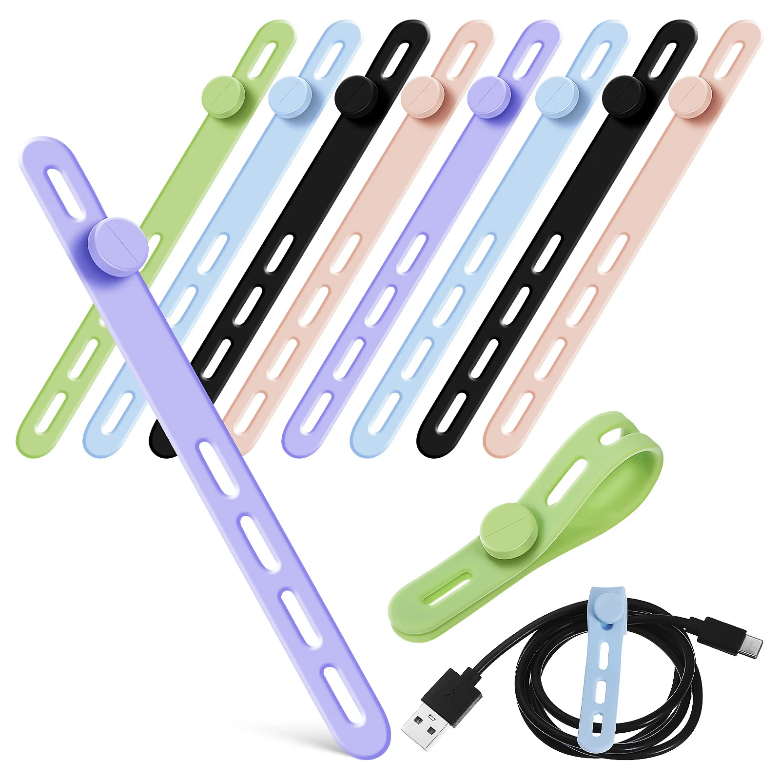 

10Pcs Silicone Cable Ties Adjustable Reusable Cable Organizer Cord Straps Wire Holders for Charging Cord Management