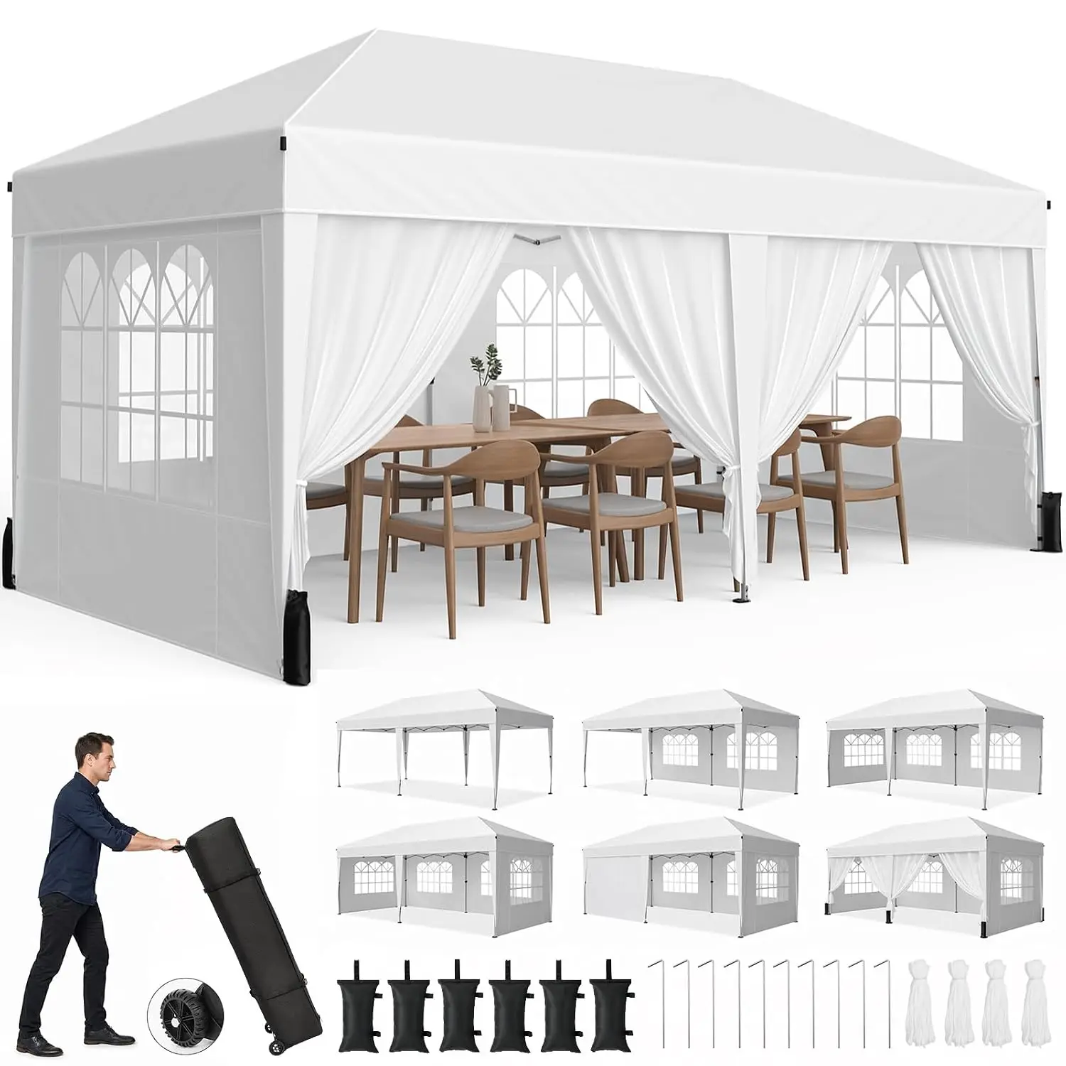 10x20 Pop up Canopy Tent with 6 Sidewalls, Outdoor Canopy with Windows & Roller Bag, Party Tent for Commercial, Customized
