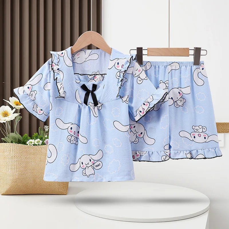 

Sanrio Kuromi Children's Sleepwear Set My Melody Anime Cartoon Summer Girl Loose Short Sleeve Bubble Cotton Cute Home Clothes