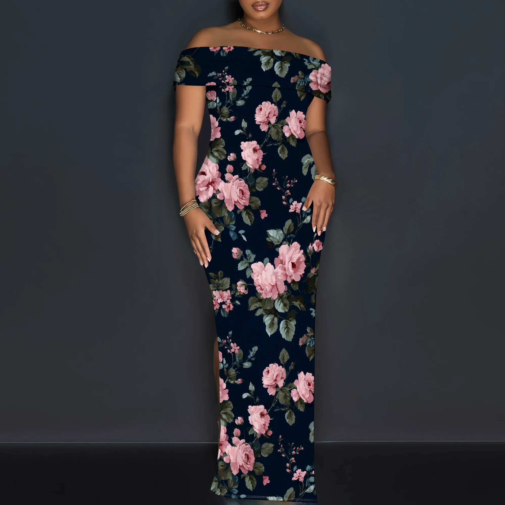 Women's Maxi Dresses Short Sleeve Floral Solid Summer Beach Dress Casual Loose   Side Split Long Dress with Pockets