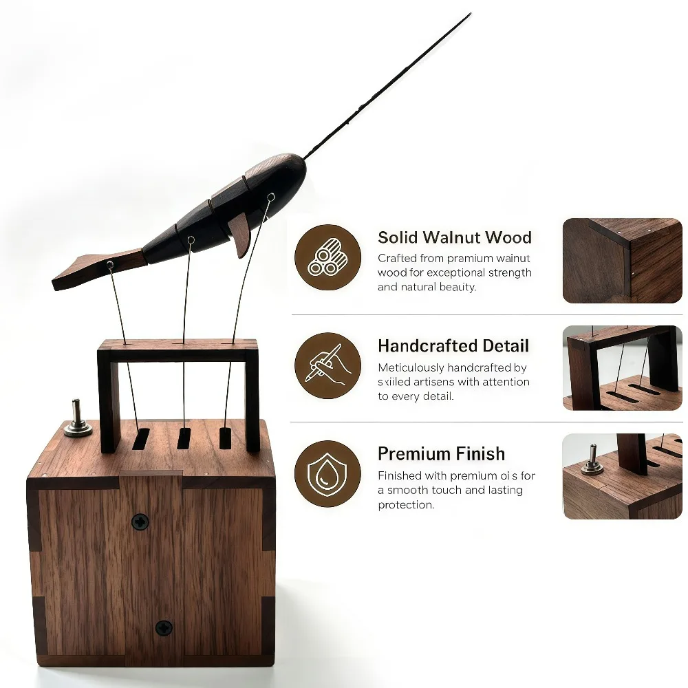 Wooden Hand‑Carved Narwhal Kinetic Automaton, Mechanical Dynamic Desktop Ornament, Handcrafted Art Collectible Craft Decor