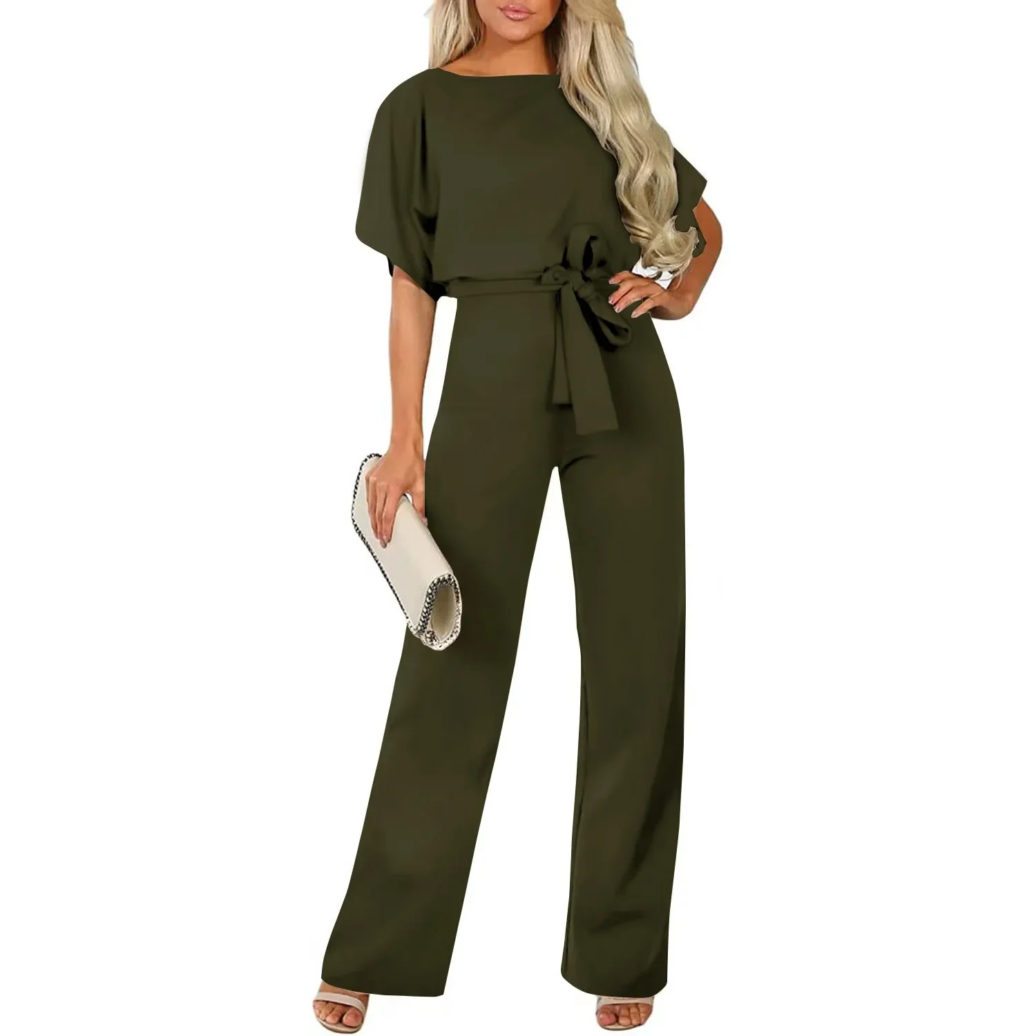 Jumpsuit Met Veters Hoge Taille, Elegante Dames Effen Kleur Romper Met Rechte Benen Mode Jumpsuit Met Korte Mouwen En Ronde Hals Voor Dating