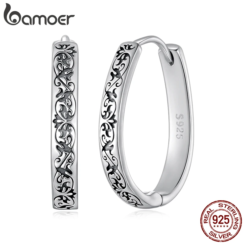 

Bamoer 925 Sterling Silver Vintage Pattern Hoop Earrings for Women Oval Hypoallergenic Ear Buckles Jewelry Gift