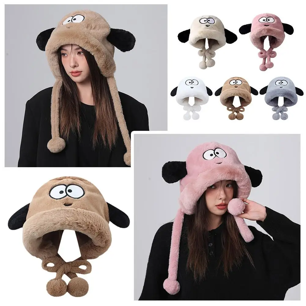 

Fashion Cute Dog Ears Women Winter Cap Ear Protection Cold-proof Hat Ear 2025 Hat Warm Cuff Fluffy Outdoor Windproof Plush T6C3
