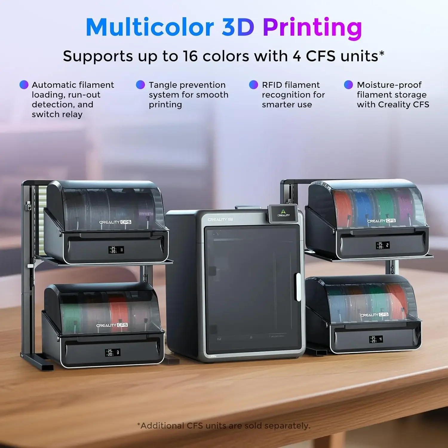 K2 Combo 3D Printer with CFS, 600mm/s, 260mm Build | CFS multi-color printing, AI cameras, auto leveling and dual Z-axis