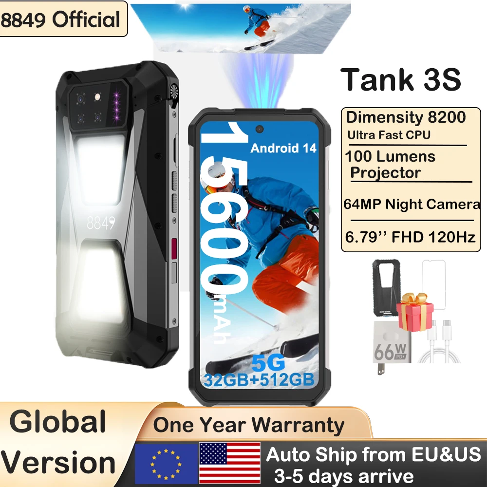 8849 Tank 3S Unihertz Rugged Smartphone with Projector 5G 24/32GB RAM 256/512GB ROM Dimensity 8200 64MP Night Vision Phone