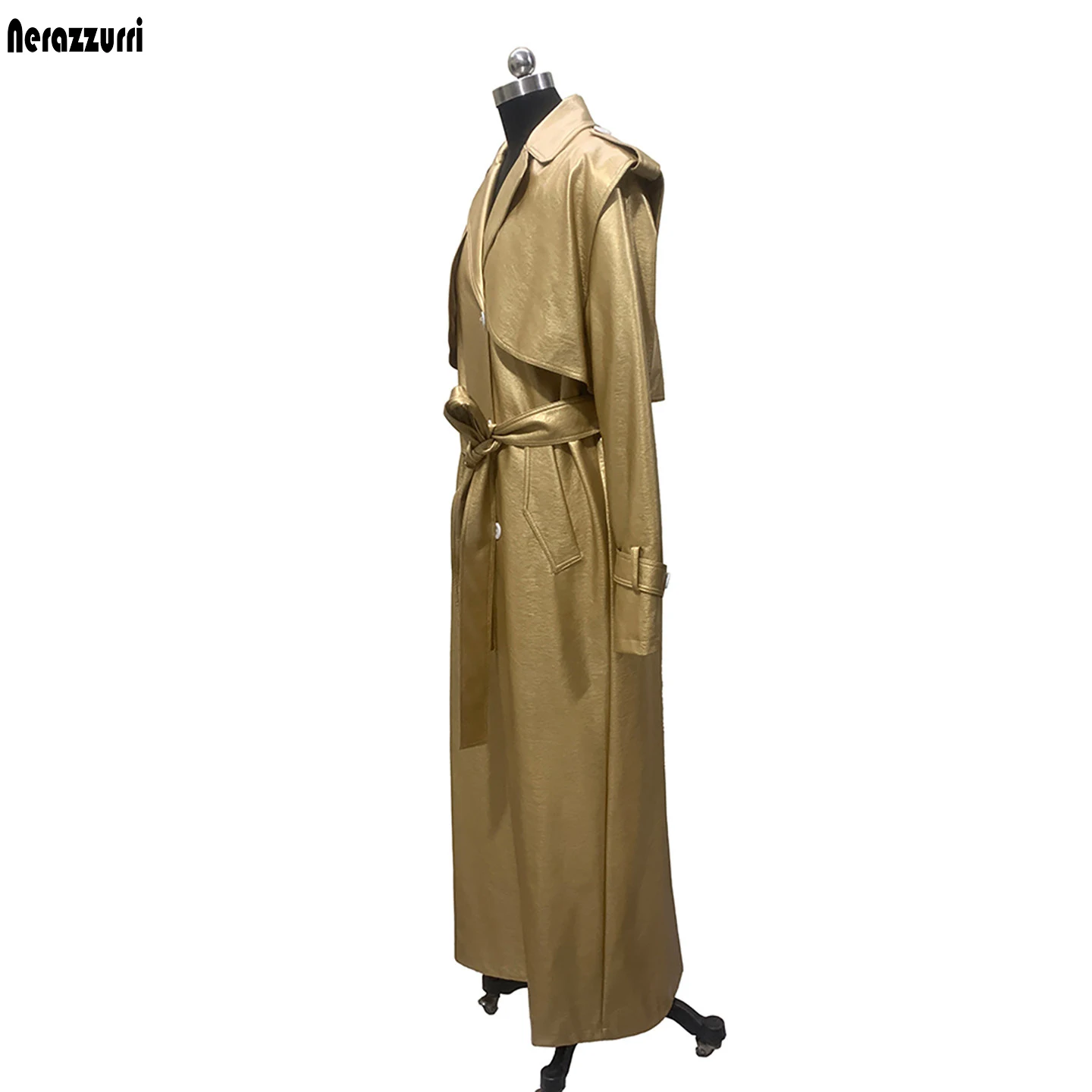 Nerazzurri Autumn Extra Long Gold Pu Leather Trench Coat for Women Single Breasted Sashes Chic Luxury Designer Clothes Overcoat