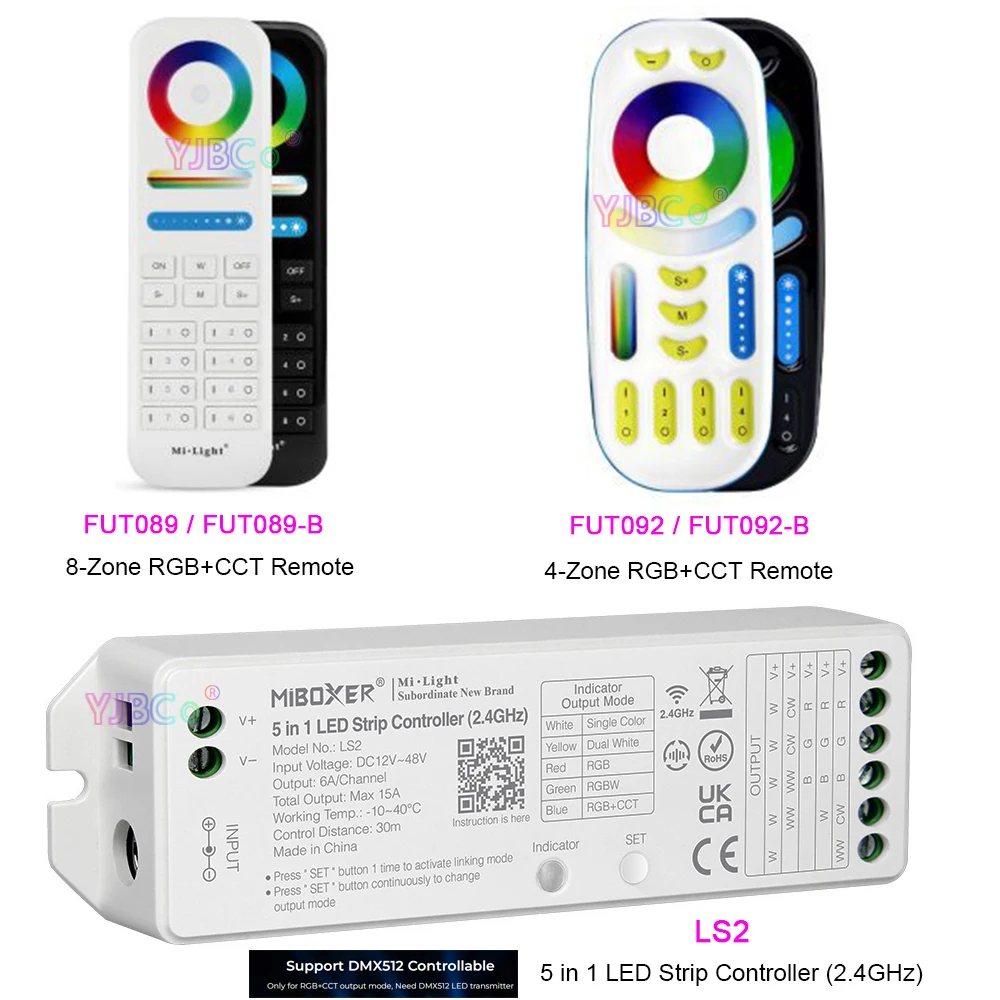 

Miboxer 3V 2.4G RGBCCT 4 Zone wireless RF Remote 8 Zone RGB+CCT Wall switch;12V~48V 24V 15A 2.4GHz 5 in 1 LED Strip Controller