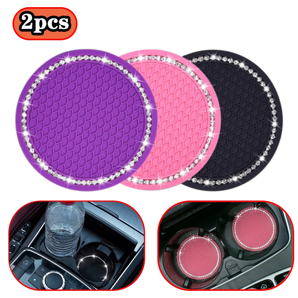 

2pcs Bling Acrylic Diamond Car Coaster PVC Travel Auto Cup Mats Insert Coaster Anti Slip Crystal Vehicle Interior Accessories