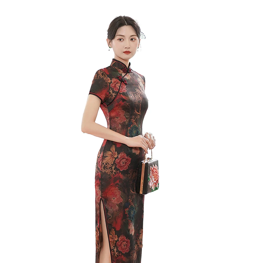 Qipao Vrouwen Jurk Klassieke Rood Goud Qipao Jurk in Faux Zijde Vlek voor Vrouwen Chinese Cheongsam Bruiloft Uitvoeren
