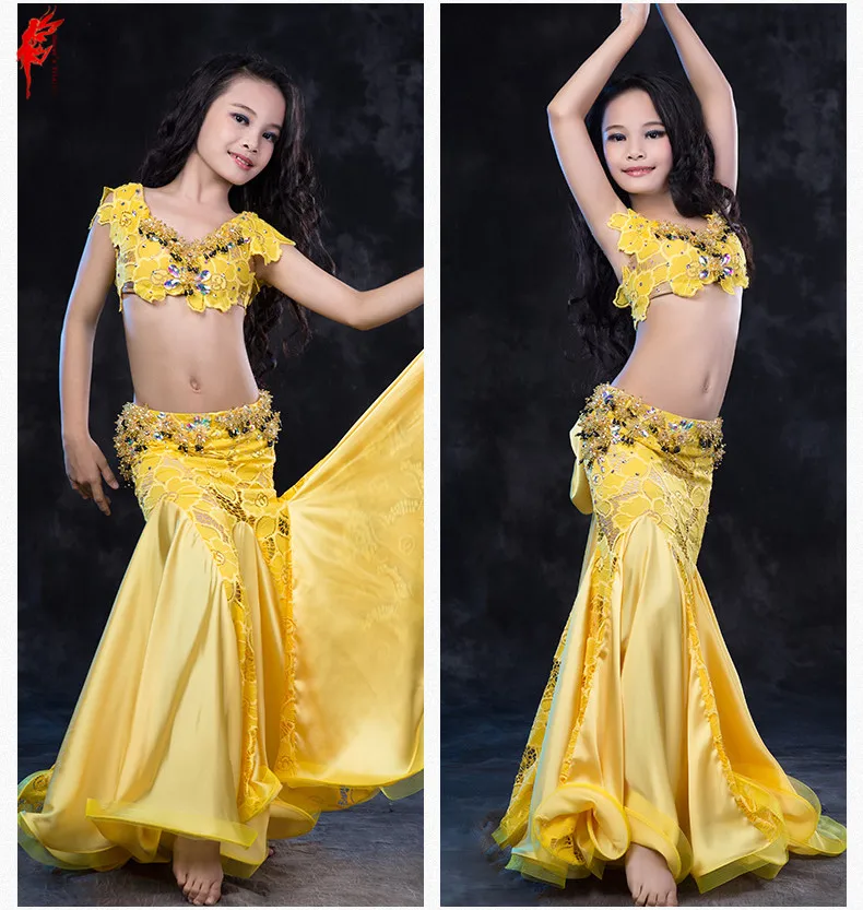 Girls Professional belly dancing clothes luxury children sleeveless T-shirt+lace long skirt 2pcs belly dance set kids dance suit