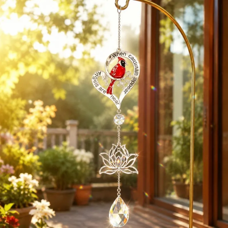 1pc Cardinal and Lotus Suncatcher Colorful Wind Chime,Crystal Prism Pendant Suitable for Indoor or Car Hanging