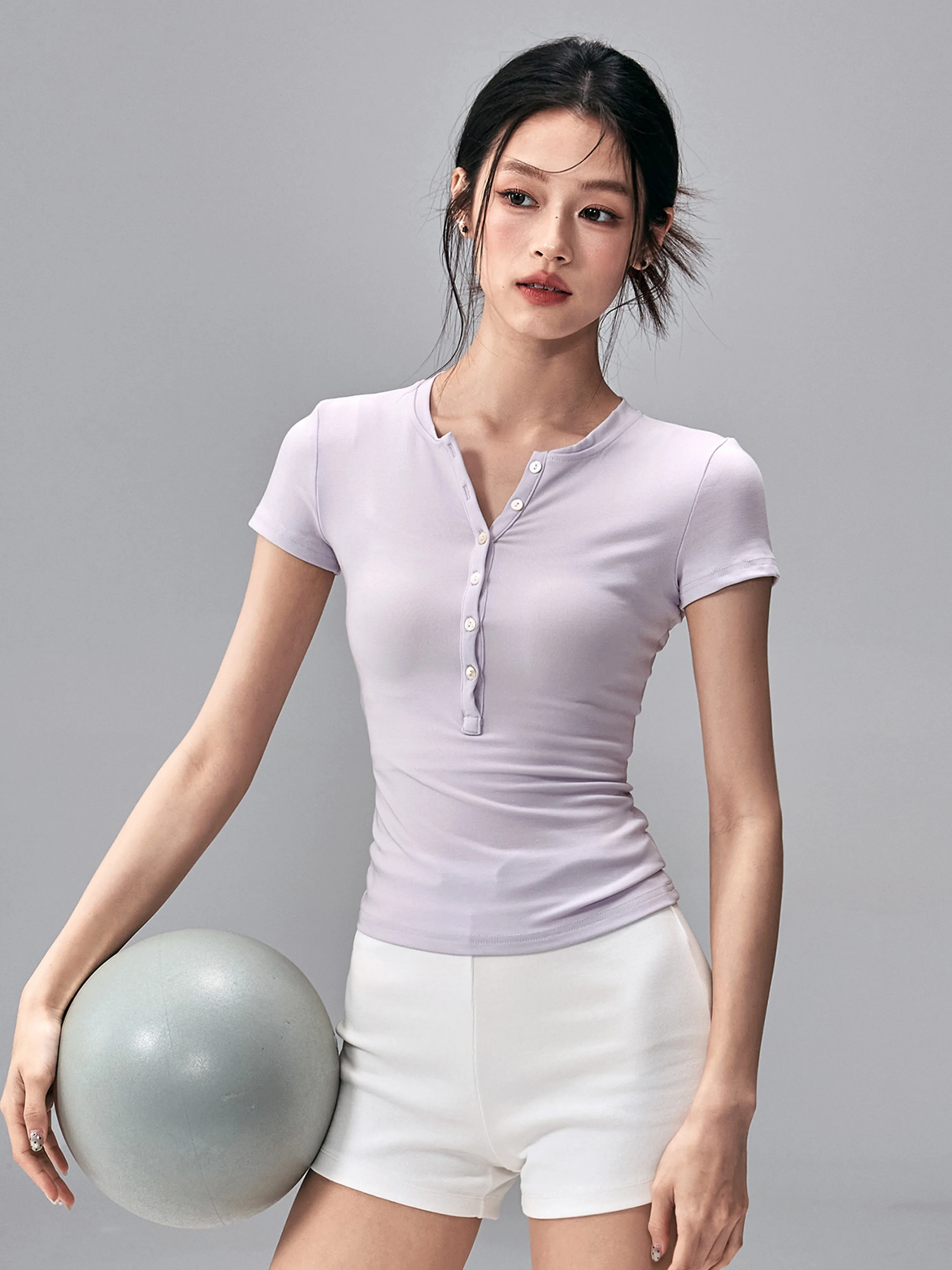 

Summer Yoga Clothes Short Sleeve Henry Top Fitness Training Running Tight Slimming Sport T-Shirt Outdoor Nylon Spandex Blend